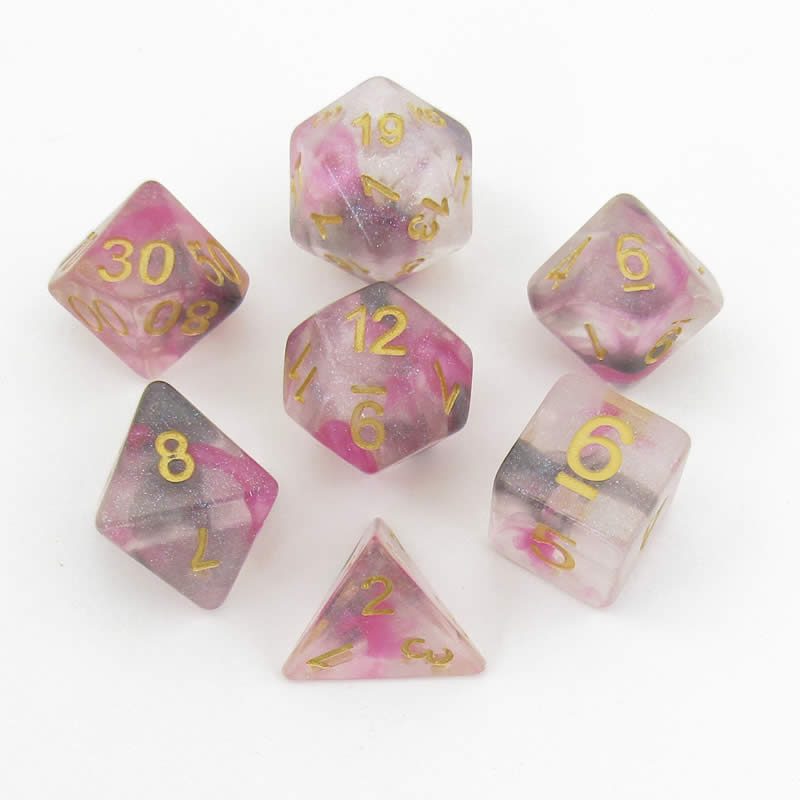 MET705 Blushing Steel Unicorn Dice with Yellow Numbers Acrylic 7 Dice Set (ONLINE ORDER ONLY)