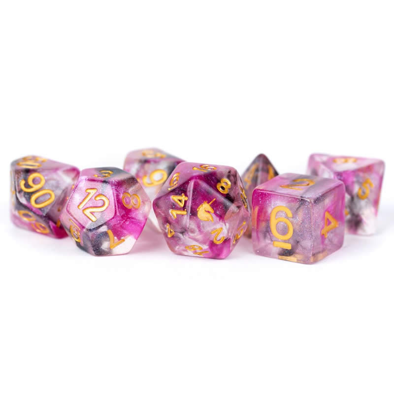 MET705 Blushing Steel Unicorn Dice with Yellow Numbers Acrylic 7 Dice Set (ONLINE ORDER ONLY)