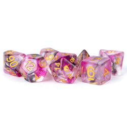 MET705 Blushing Steel Unicorn Dice with Yellow Numbers Acrylic 7 Dice Set (ONLINE ORDER ONLY)