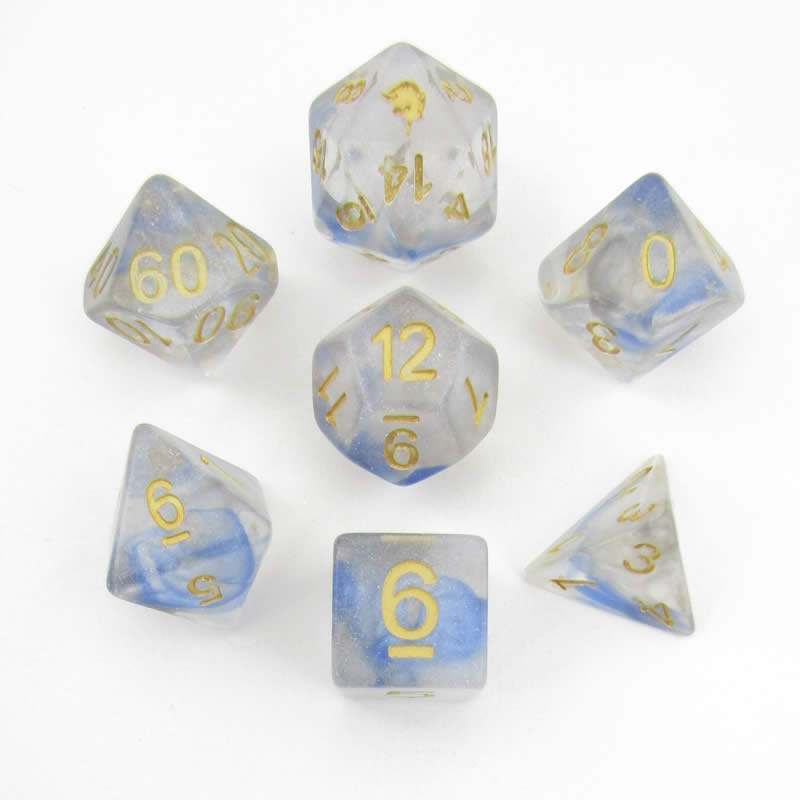 MET706 Arctic Storm Unicorn Dice with Yellow Numbers Acrylic 7 Dice Set (ONLINE ORDER ONLY)