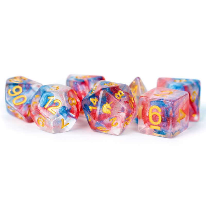 MET708 Cosmic Carnival Unicorn Dice with Yellow Numbers Acrylic 7 Dice Set (ONLINE ORDER ONLY)
