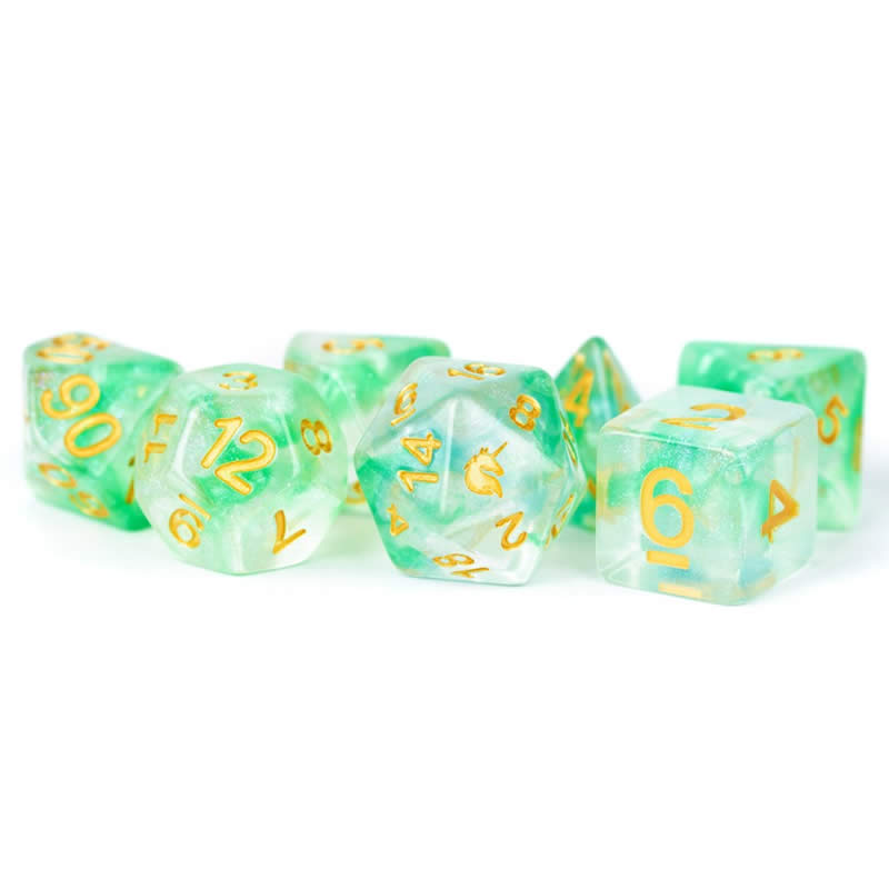 MET709 Icy Everglades Unicorn Dice with Yellow Numbers Acrylic 7 Dice Set (ONLINE ORDER ONLY)