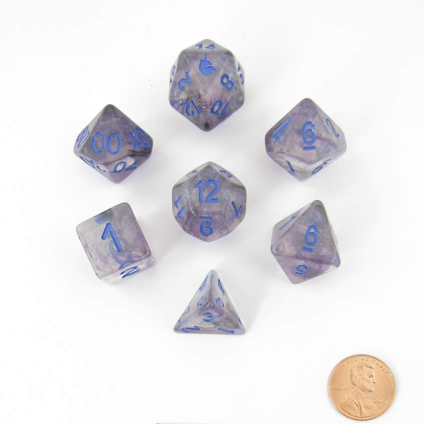 MET714 Stellar Storm Unicorn Dice with Blue Numbers Acrylic 7 Dice Set (ONLINE ORDER ONLY)