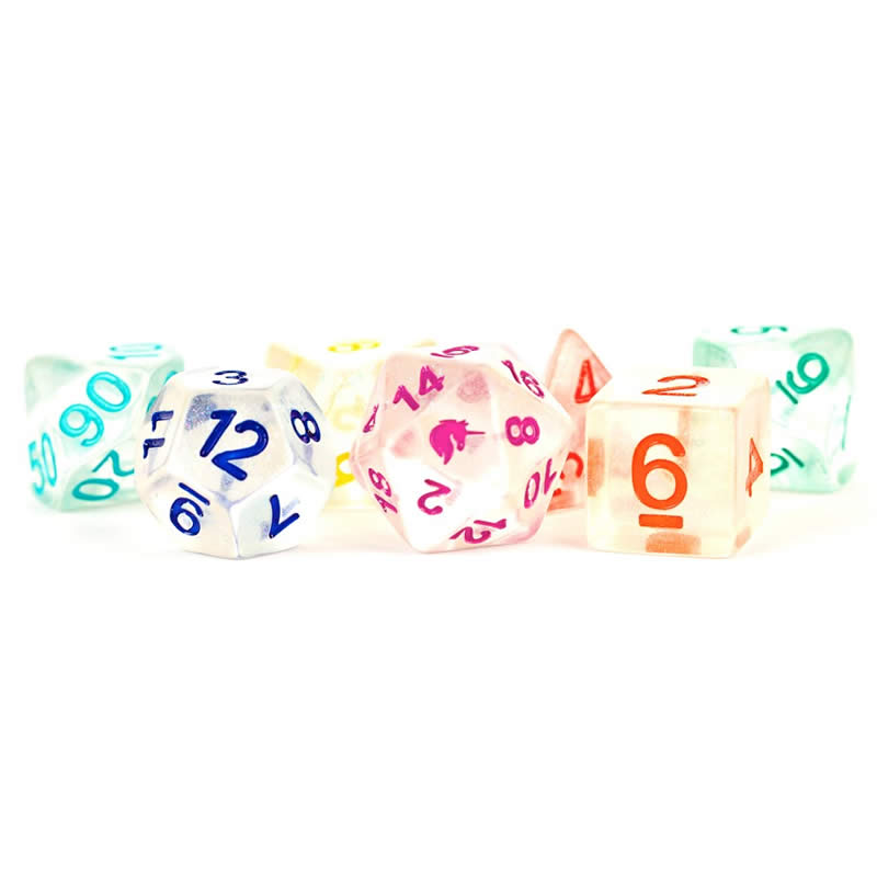 MET716 Rainbow Ice Unicorn Dice with Different Colored Numbers Acrylic 7 Dice Set (ONLINE ORDER ONLY)