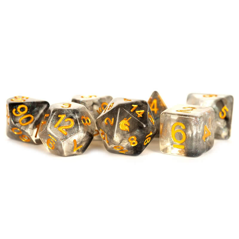 MET717 Rogue Rage Unicorn Dice with Gold Numbers Acrylic 7 Dice Set (ONLINE ORDER ONLY)