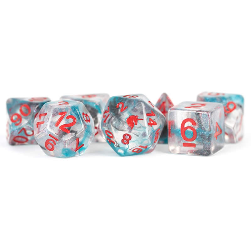 MET718 Battle Wounds Unicorn Dice with Red Numbers Acrylic 7 Dice Set (ONLINE ORDER ONLY)