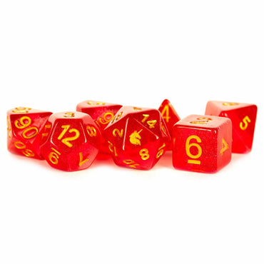 MET721 Red Unicorn Dice with Gold Numbers Acrylic 7 Dice Set (ONLINE ORDER ONLY)