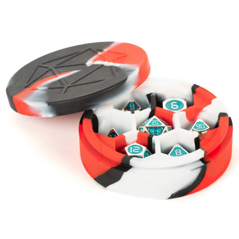 MET921 Red Black White Silicone Round Dice Case Holds 7 Dice (ONLINE ORDER ONLY)