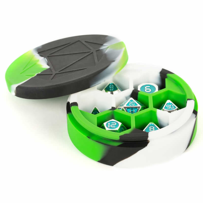 MET925 Green Black White Silicone Round Dice Case Holds 7 Dice (ONLINE ORDER ONLY)