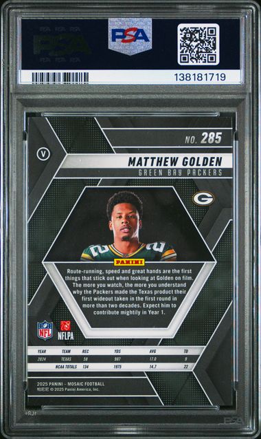 Graded 2025 Panini Mosaic Matthew Golden #285 Variation Rookie RC Football Card PSA 10 Gem Mint (ONLINE ORDER ONLY)