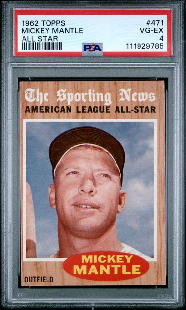 Graded 1962 Topps All Star Mickey Mantle #471 Baseball Card PSA 4 VG-EX (ONLINE ORDER ONLY)