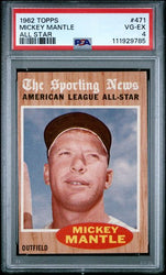 Graded 1962 Topps All Star Mickey Mantle #471 Baseball Card PSA 4 VG-EX (ONLINE ORDER ONLY)