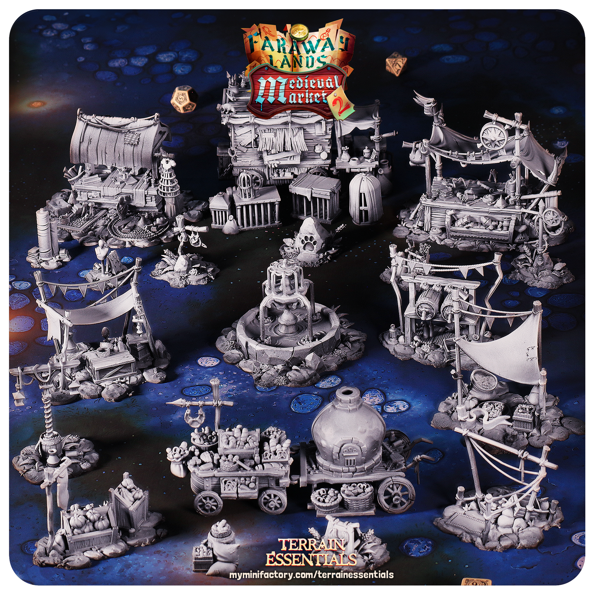 3D Printed Cast n Play Medieval Market 2 Terrain Set 28mm 32mm D&D (Online Only)