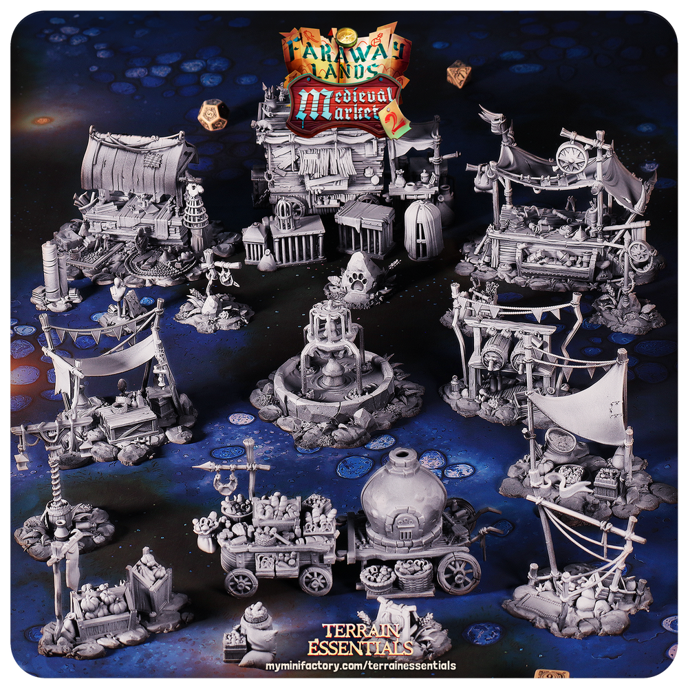 3D Printed Cast n Play Medieval Market 2 Terrain Set 28mm 32mm D&D (Online Only)