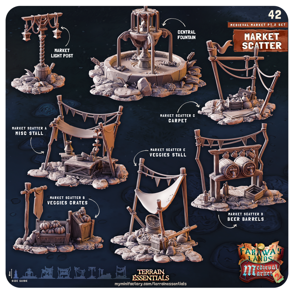 3D Printed Cast n Play Medieval Market 2 Terrain Set 28mm 32mm D&D (Online Only)