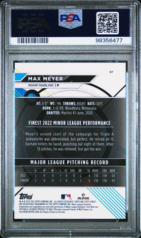 Graded 2023 Topps Finest Max Meyer #37 /125 Green Speckle Rookie RC Baseball Card PSA 10 Gem Mint (ONLINE ORDER ONLY)
