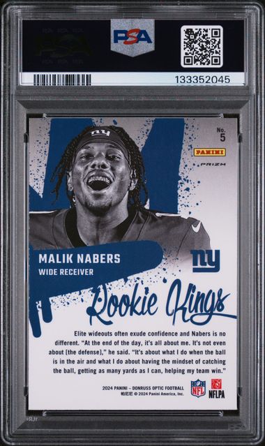 Graded 2024 Panini Donruss Optic Malik Nabers #5 Rookie Kings Rookie RC Football Card PSA 9 Mint (ONLINE ORDER ONLY)