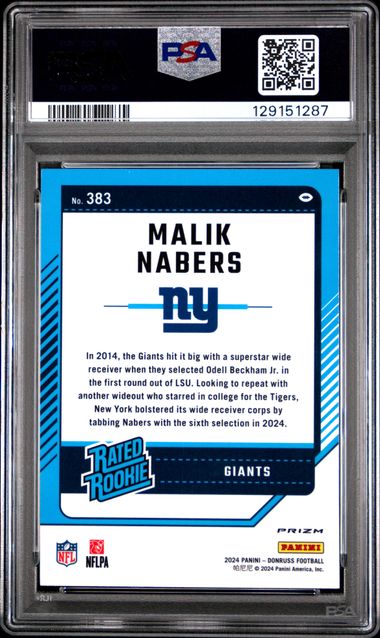 Graded 2024 Panini Donruss Malik Nabers #383 Optic Preview Red Wave Rookie RC Football Card PSA 10 Gem Mint (ONLINE ORDER ONLY)