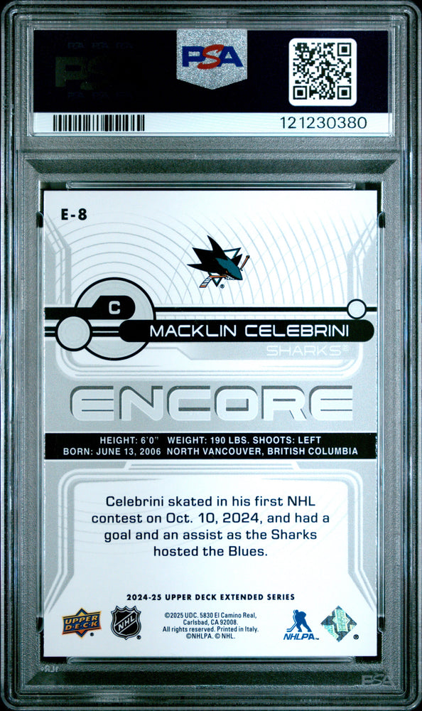 Graded 2024 Upper Deck Macklin Celebrini #E8 Encore Rookie RC Hockey Card PSA 10 Gem Mint (ONLINE ORDER ONLY)