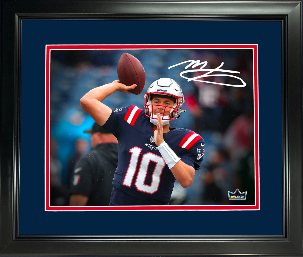Framed Mac Jones Facsimile Laser Engraved Signature Auto New England Patriots 11"x14" Football Photo HOFSM Holo (ONLINE ORDER ONLY)