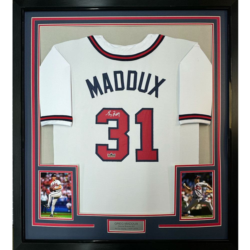 Framed Facsimile Autographed Greg Maddux 35x39 Atlanta White Reprint Laser Auto Baseball Jersey (ONLINE ORDER ONLY)