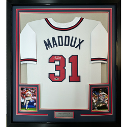 Framed Facsimile Autographed Greg Maddux 35x39 Atlanta White Reprint Laser Auto Baseball Jersey (ONLINE ORDER ONLY)