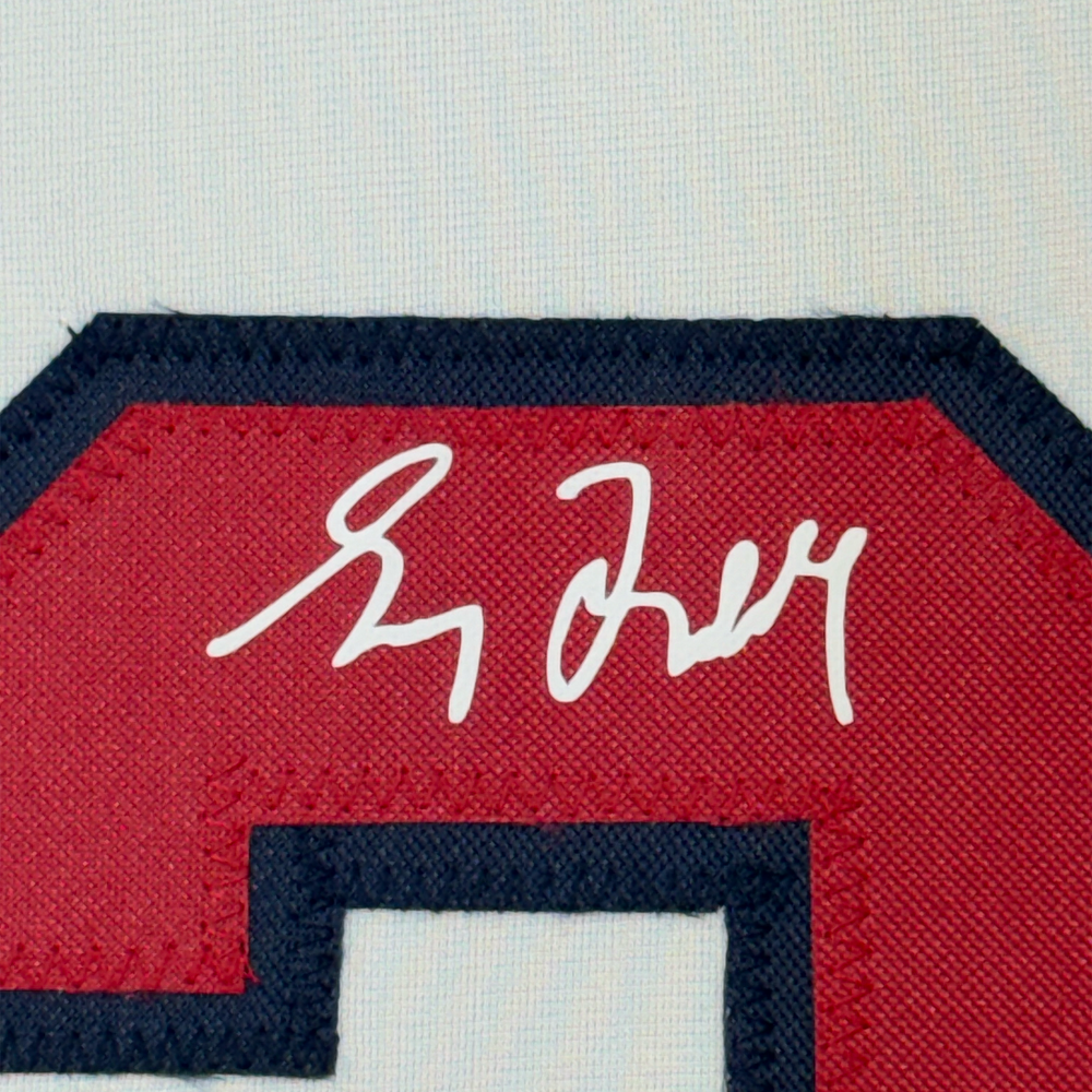 Framed Facsimile Autographed Greg Maddux 35x39 Atlanta White Reprint Laser Auto Baseball Jersey (ONLINE ORDER ONLY)
