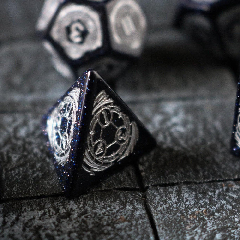 Mage Fury Blue Sandstone Silver Font Gemstone DND Dice Set (ONLINE ORDER ONLY)