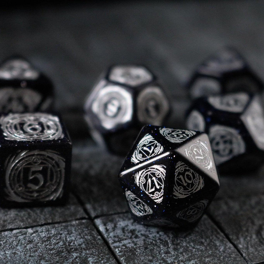 Mage Fury Blue Sandstone Silver Font Gemstone DND Dice Set (ONLINE ORDER ONLY)