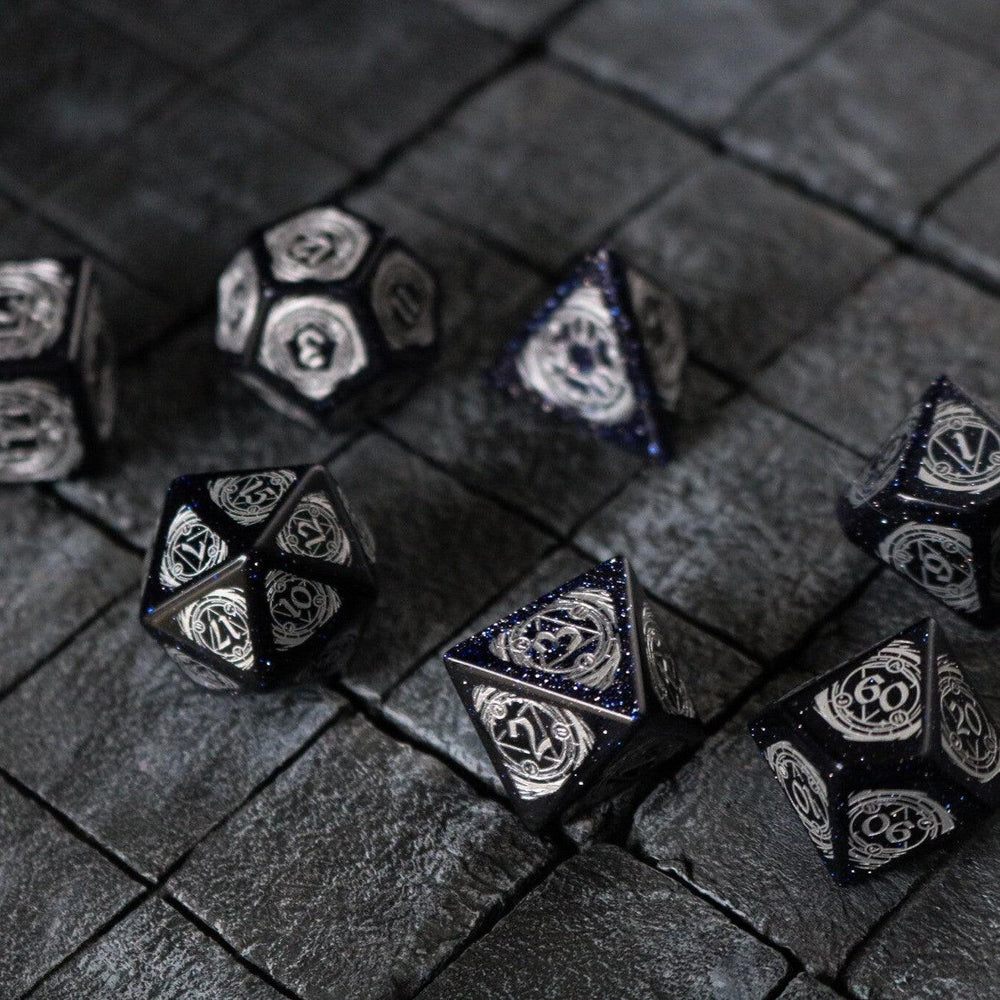 Mage Fury Blue Sandstone Silver Font Gemstone DND Dice Set (ONLINE ORDER ONLY)