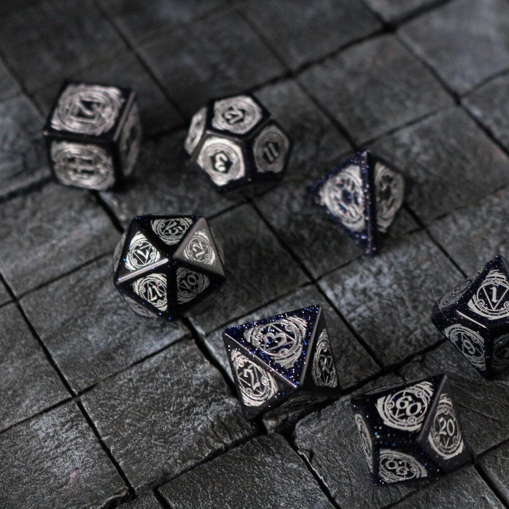 Mage Fury Blue Sandstone Silver Font Gemstone DND Dice Set (ONLINE ORDER ONLY)
