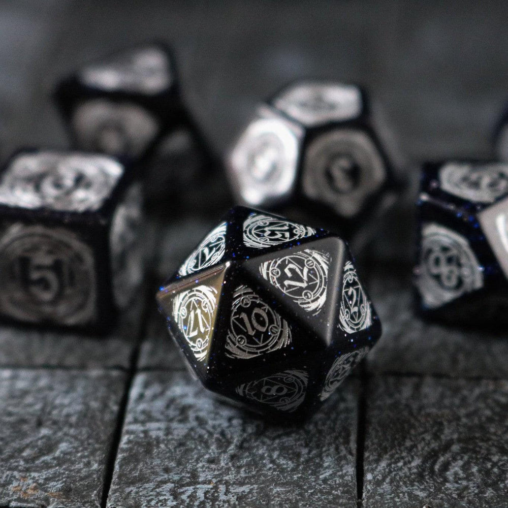 Mage Fury Blue Sandstone Silver Font Gemstone DND Dice Set (ONLINE ORDER ONLY)