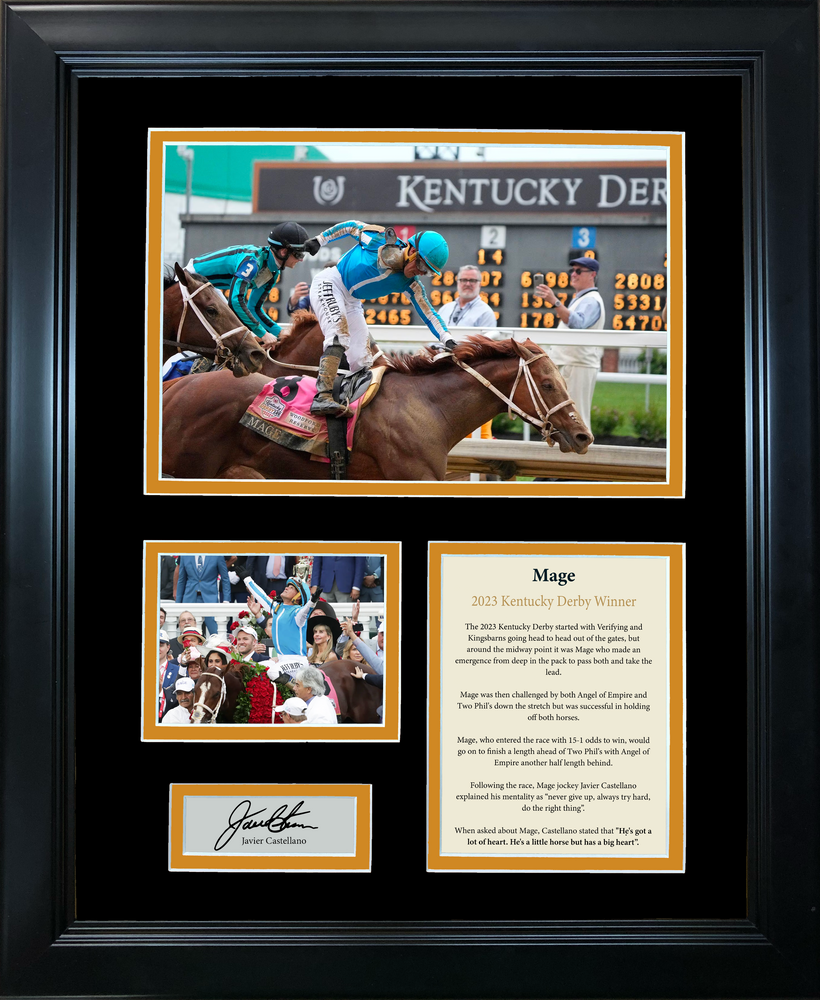 Framed Mage 2023 Kentucky Derby Winner Javier Castellano Facsimile Laser Engraved Signature Auto 11"x14" Horse Racing Photo Sig Collage (ONLINE ORDER ONLY)