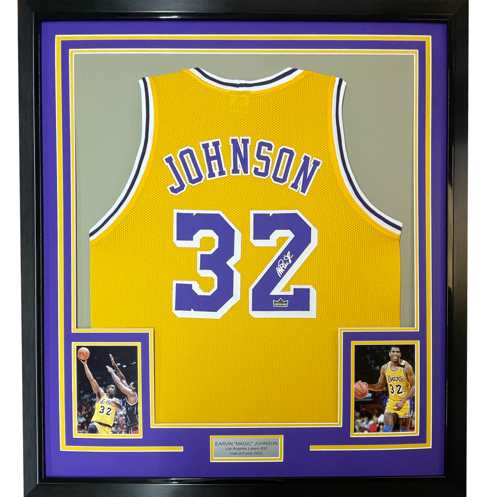 Framed Facsimile Autographed Earvin Magic Johnson 35x39 Los Angeles LA Yellow Reprint Laser Auto Basketball Jersey (ONLINE ORDER ONLY)