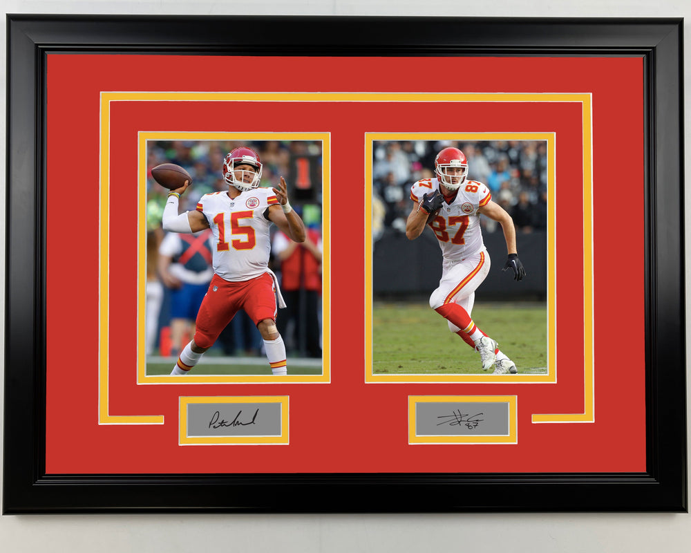 Framed Patrick Mahomes & Travis Kelce Facsimile Laser Engraved Signatures Kansas City Chiefs 17x23 Dual Football Photo (ONLINE ORDER ONLY)