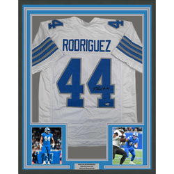 Framed Autographed/Signed Malcolm Rodriguez 35x39 Detroit White Football Jersey Beckett BAS COA
