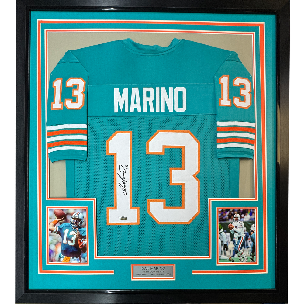 Framed Facsimile Autographed Dan Marino 35x39 Miami Teal Reprint Laser Auto Football Jersey (ONLINE ORDER ONLY)