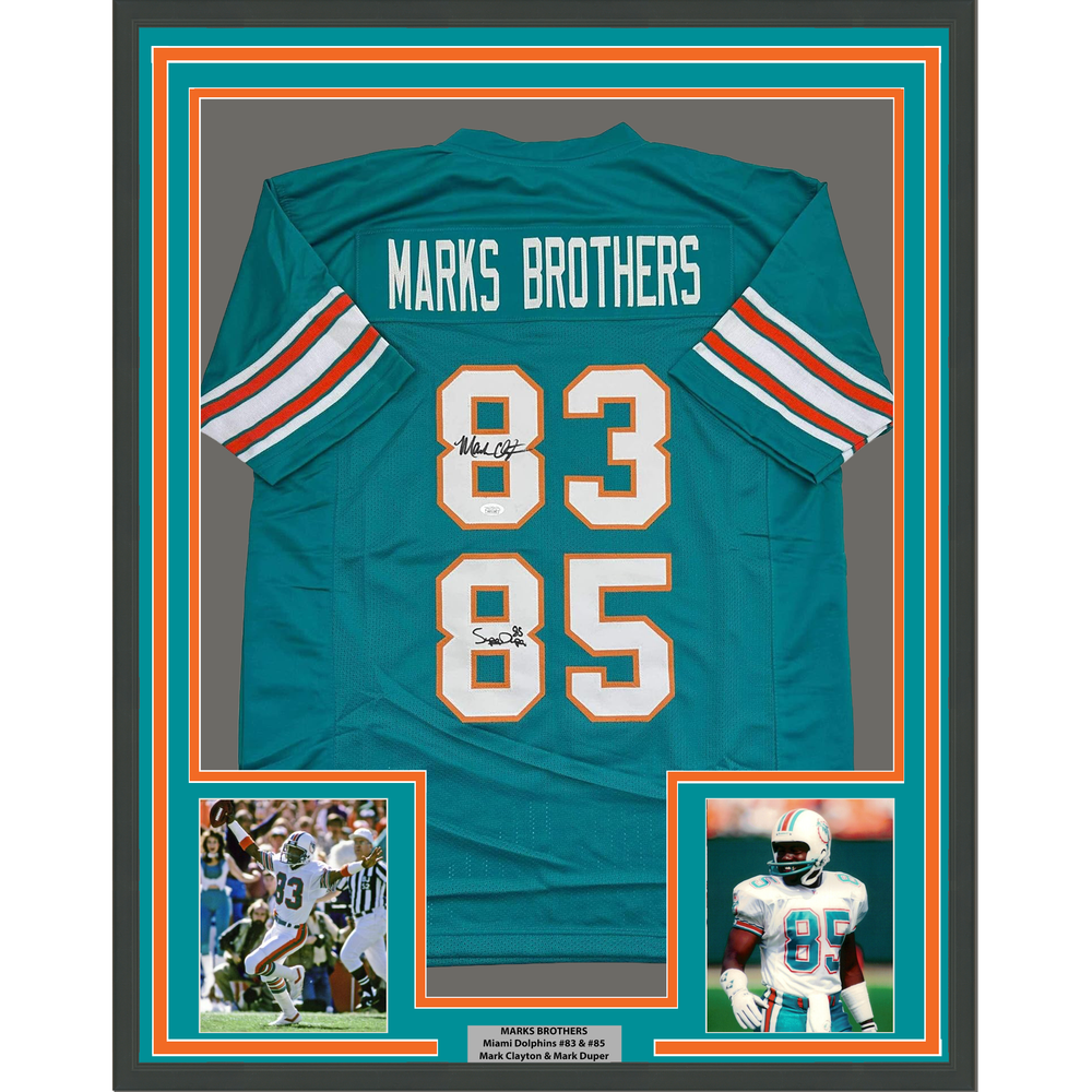 Framed Autographed/Signed Marks Brothers Mark Clayton & Mark Duper 35x39 Miami Teal Football Jersey JSA COA