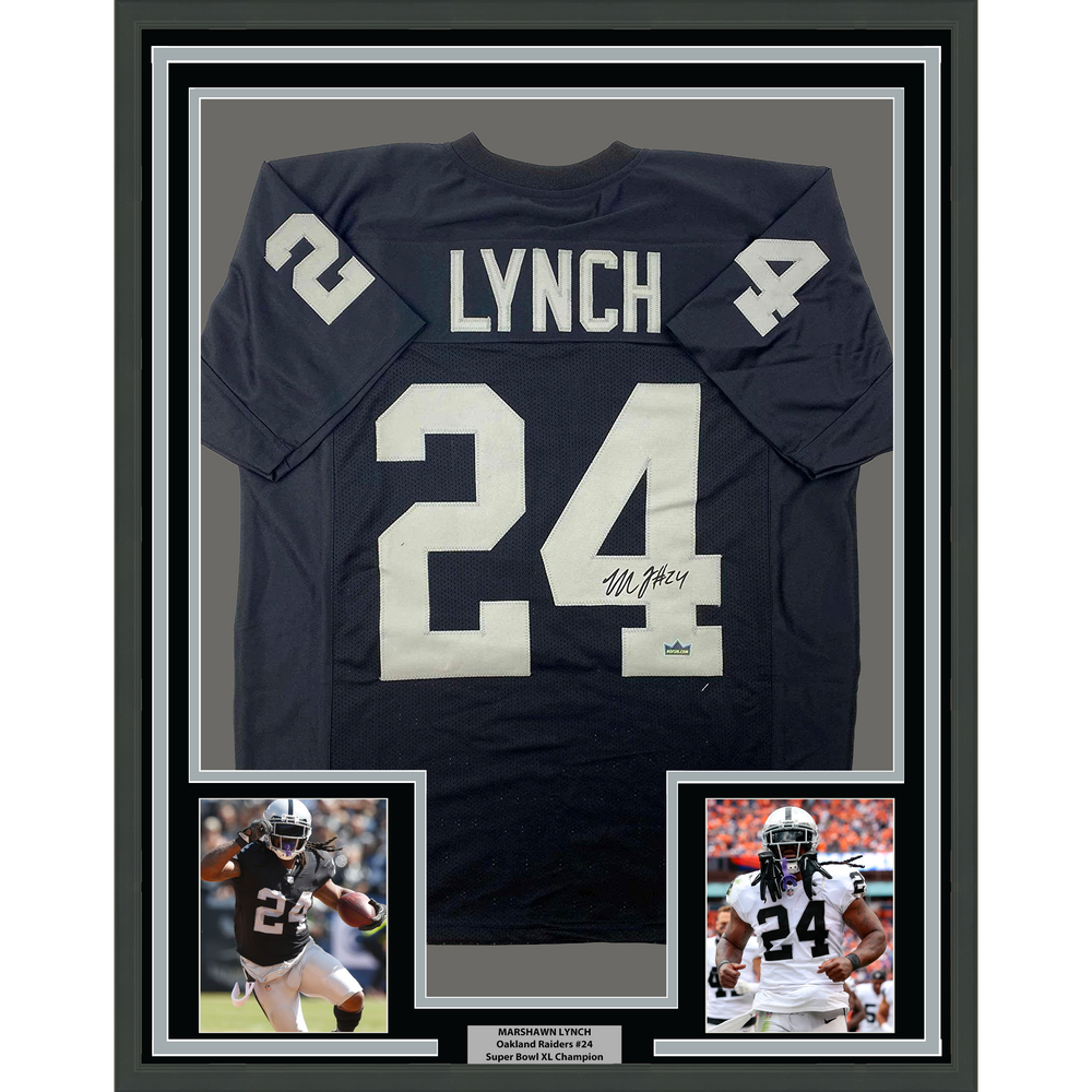 Framed Facsimile Autographed Marshawn Lynch 35x39 Oakland Las Vegas Black Reprint Laser Auto Football Jersey (ONLINE ORDER ONLY)
