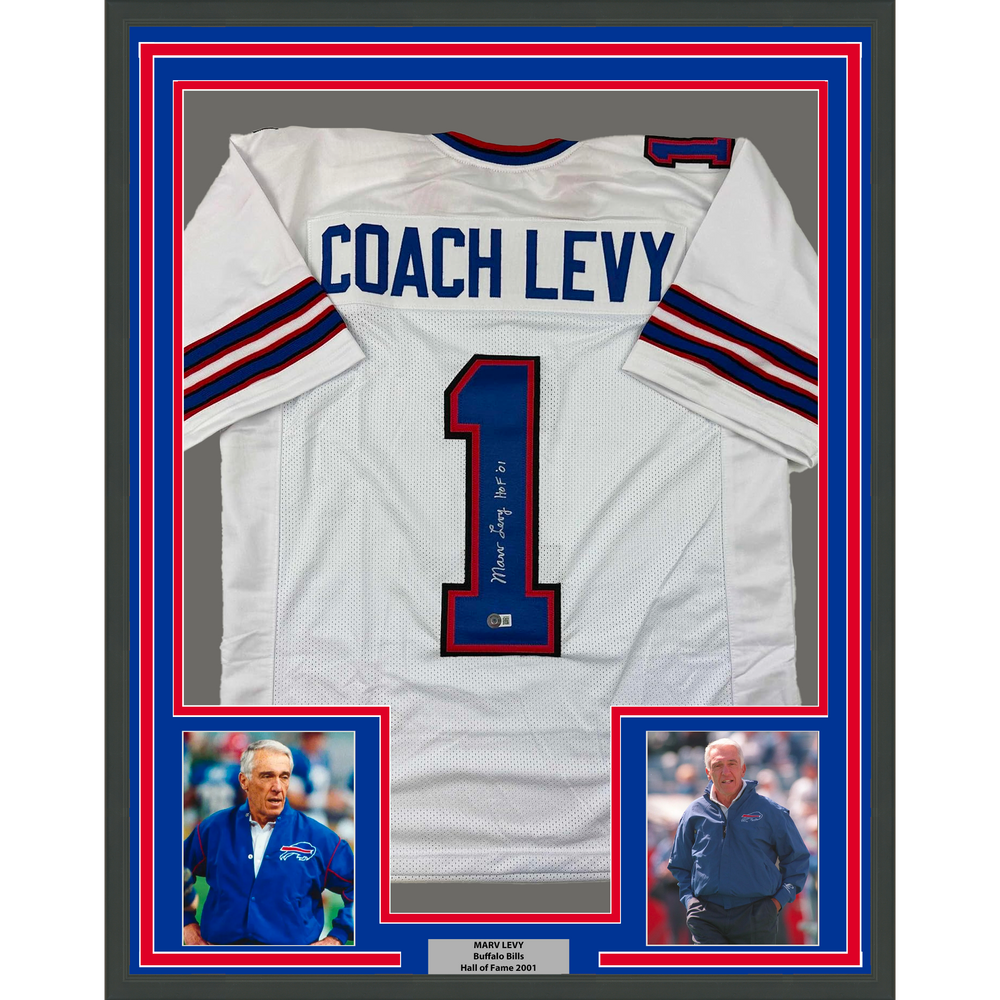 Framed Autographed/Signed Coach Marv Levy 35x39 HOF 01 Buffalo White Football Jersey Beckett BAS COA (ONLINE ORDER ONLY)