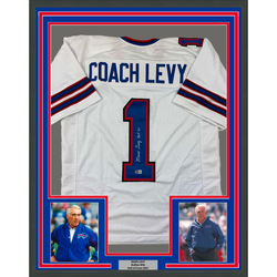 Framed Autographed/Signed Coach Marv Levy 35x39 HOF 01 Buffalo White Football Jersey Beckett BAS COA (ONLINE ORDER ONLY)
