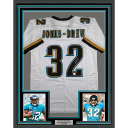 Framed Autographed/Signed Maurice Jones-Drew 35x39 Jacksonville White Football Jersey Beckett BAS COA