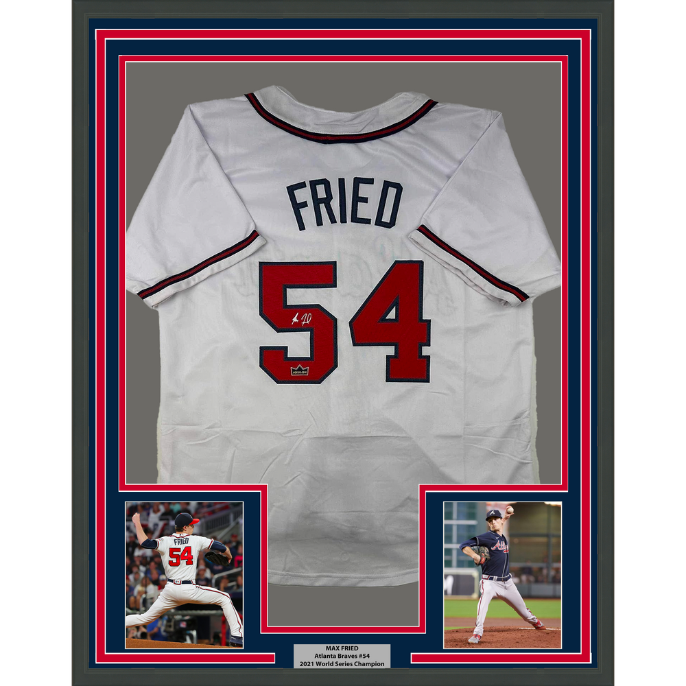 Framed Facsimile Autographed Max Fried 35x39 Atlanta White Reprint Laser Auto Baseball Jersey (ONLINE ORDER ONLY)