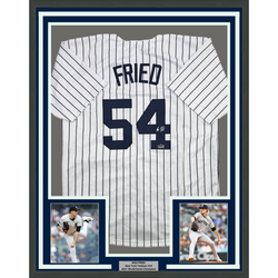 Framed Facsimile Autographed Max Fried 35x39 New York Pinstripe Reprint Laser Auto Baseball Jersey (ONLINE ORDER ONLY)