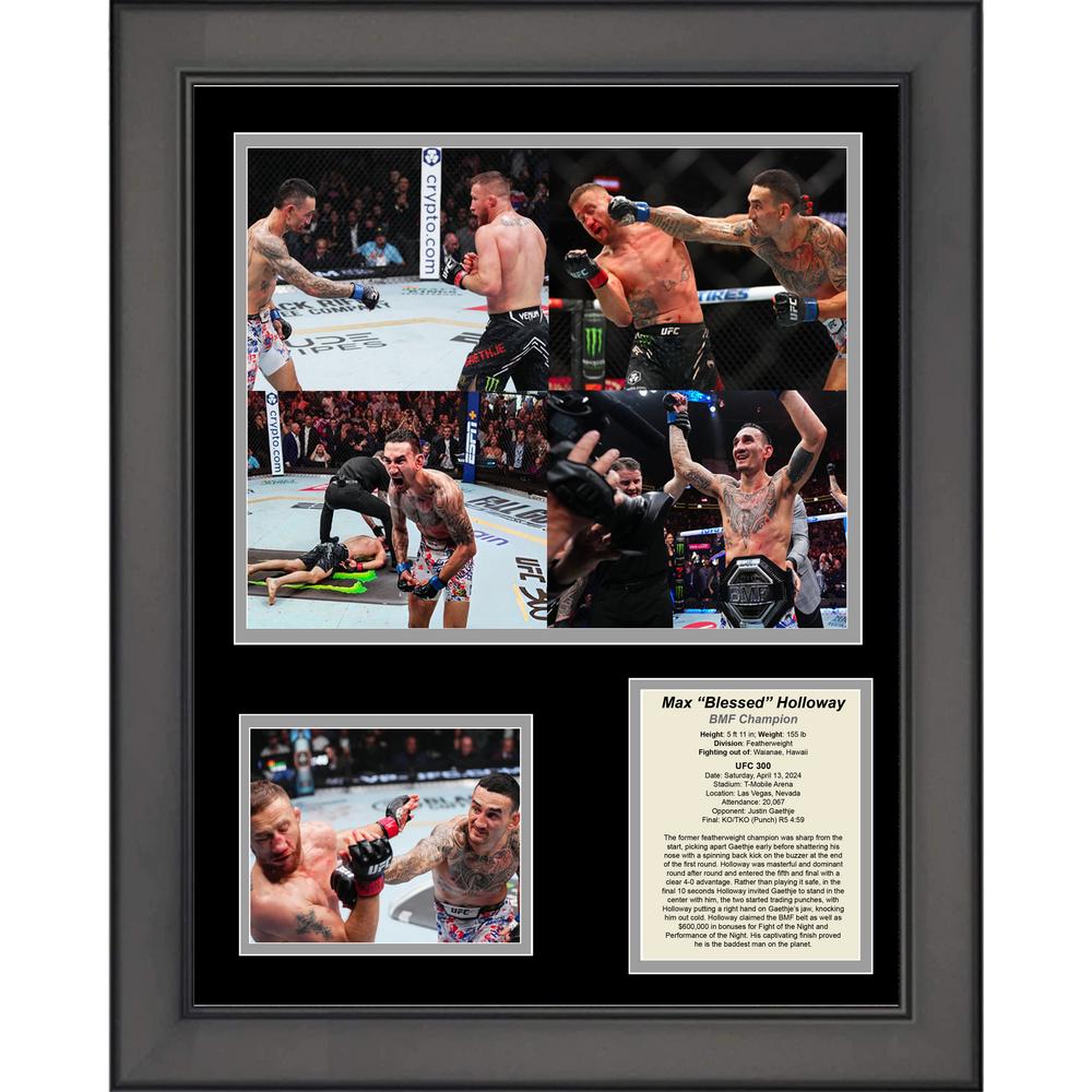 Framed Max Holloway BMF Championship vs Justin Gathje UFC 300 MMA 11"x14" Three Photo Collage (ONLINE ORDER ONLY)