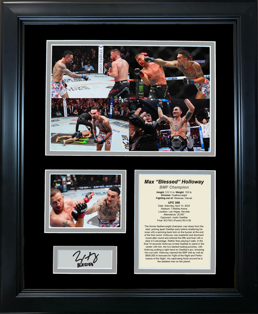 Framed Max Holloway BMF Championship vs Justin Gathje UFC 300 Facsimile Laser Engraved Signature Auto MMA 11"x14" Photo Sig Collage (ONLINE ORDER ONLY)