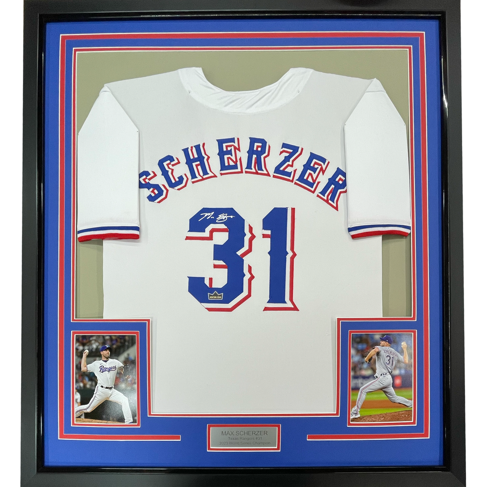 Framed Facsimile Autographed Max Scherzer 35x39 Texas White Reprint Laser Auto Baseball Jersey (ONLINE ORDER ONLY)