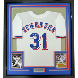 Framed Facsimile Autographed Max Scherzer 35x39 Texas White Reprint Laser Auto Baseball Jersey (ONLINE ORDER ONLY)