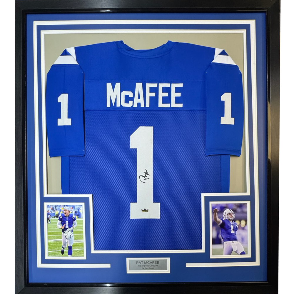 Framed Facsimile Autographed Pat McAfee 35x39 Indianapolis Blue Reprint Laser Auto Football Jersey (ONLINE ORDER ONLY)
