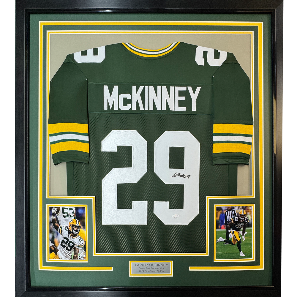 Framed Autographed/Signed Xavier McKinney 35x39 Green Bay Green Football Jersey JSA COA (ONLINE ORDER ONLY)